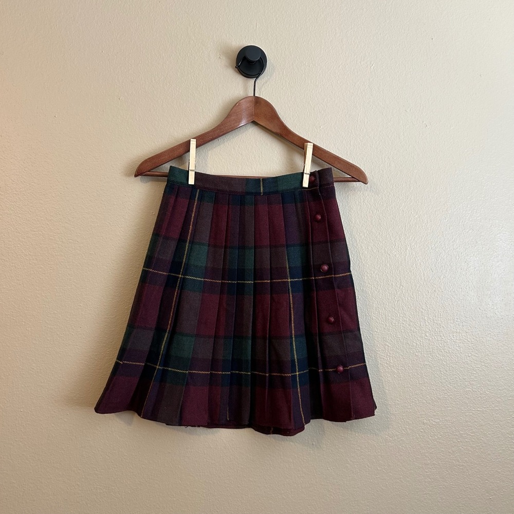 Vintage Sweet Apple Plaid Pleated Wool Blend Skirt School Girl Skirt